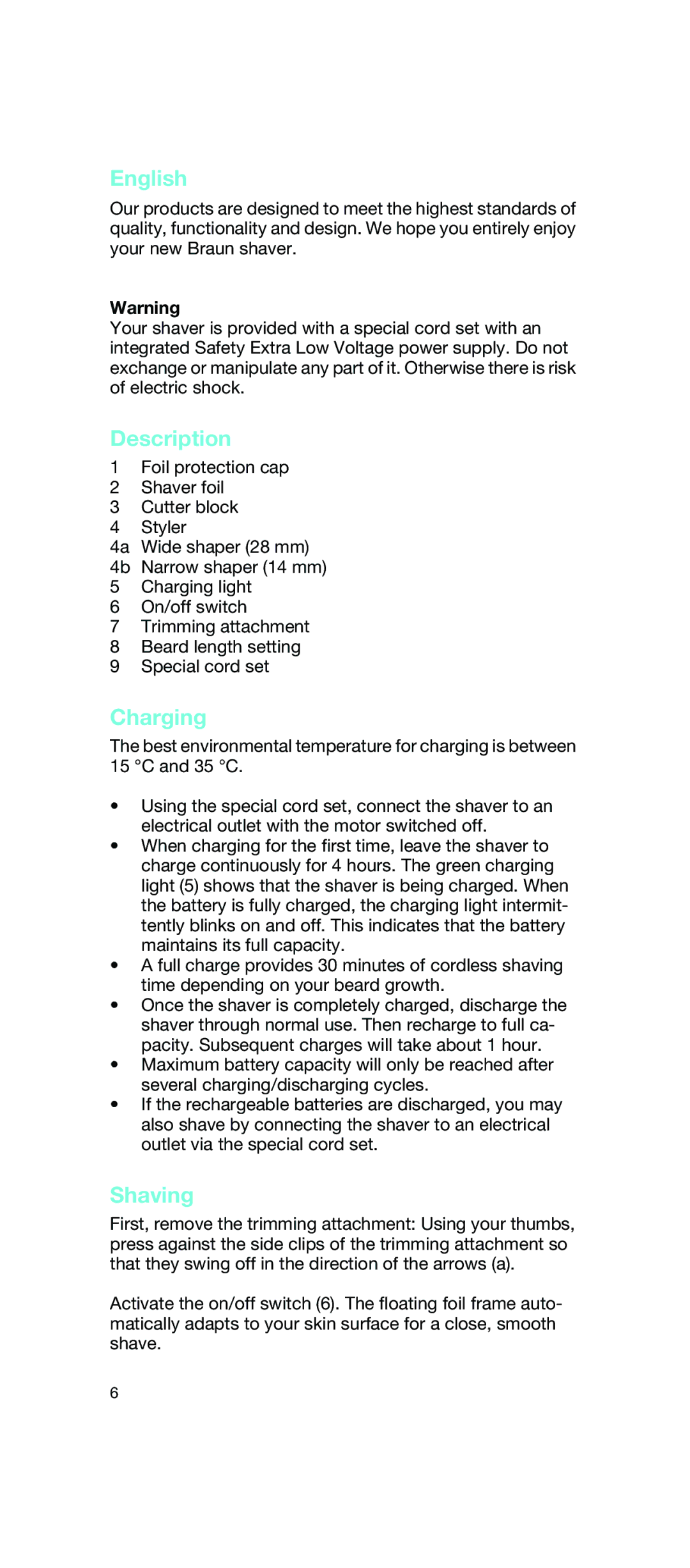 Braun 5733 manual English, Description, Charging, Shaving 