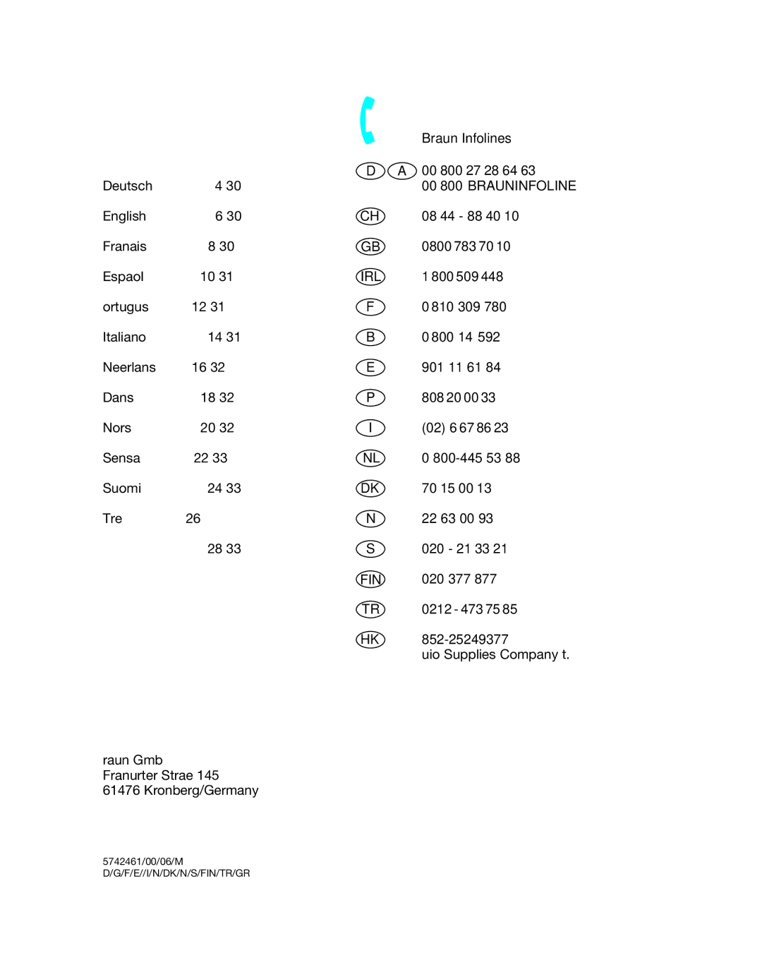 Braun 5742 Braun Infolines, 00 800 27 28 64, 08 44 88 40, 0800 783 70, 800 509, 810 309, 800 14, 901 11 61, 808 20 00 