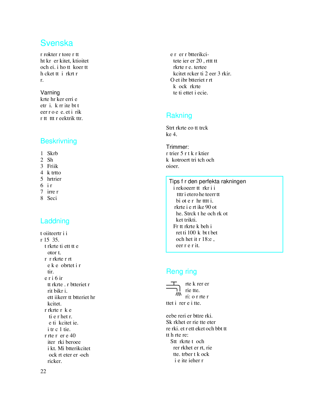 Braun 5742 manual Svenska, Beskrivning, Laddning, Rakning, Rengöring 