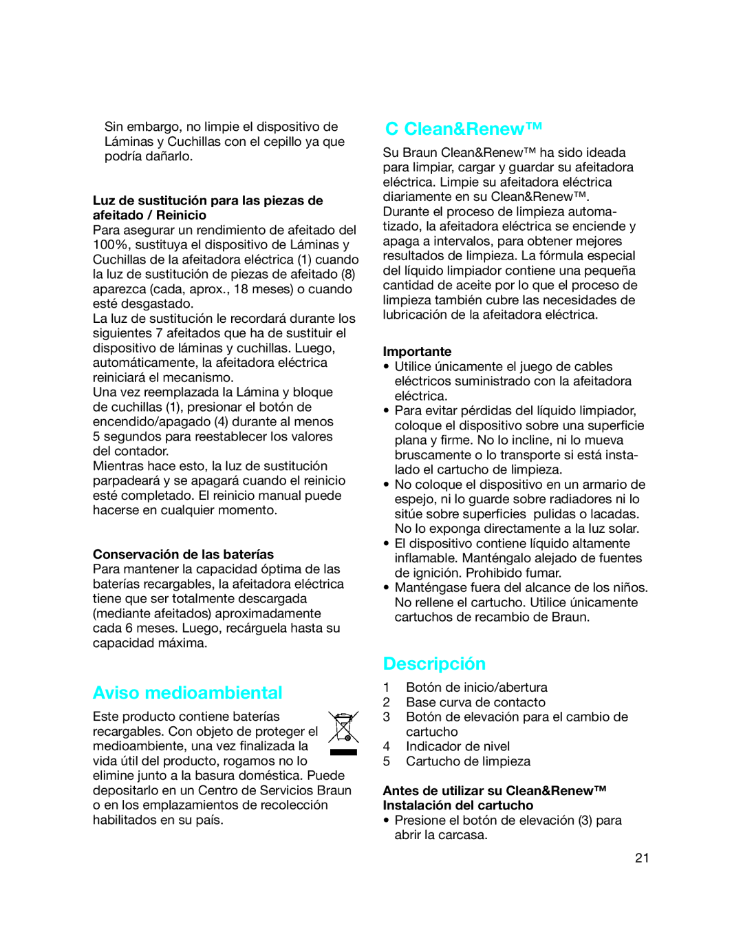 Braun 5772 Aviso medioambiental, Luz de sustitución para las piezas de afeitado / Reinicio, Conservación de las baterías 