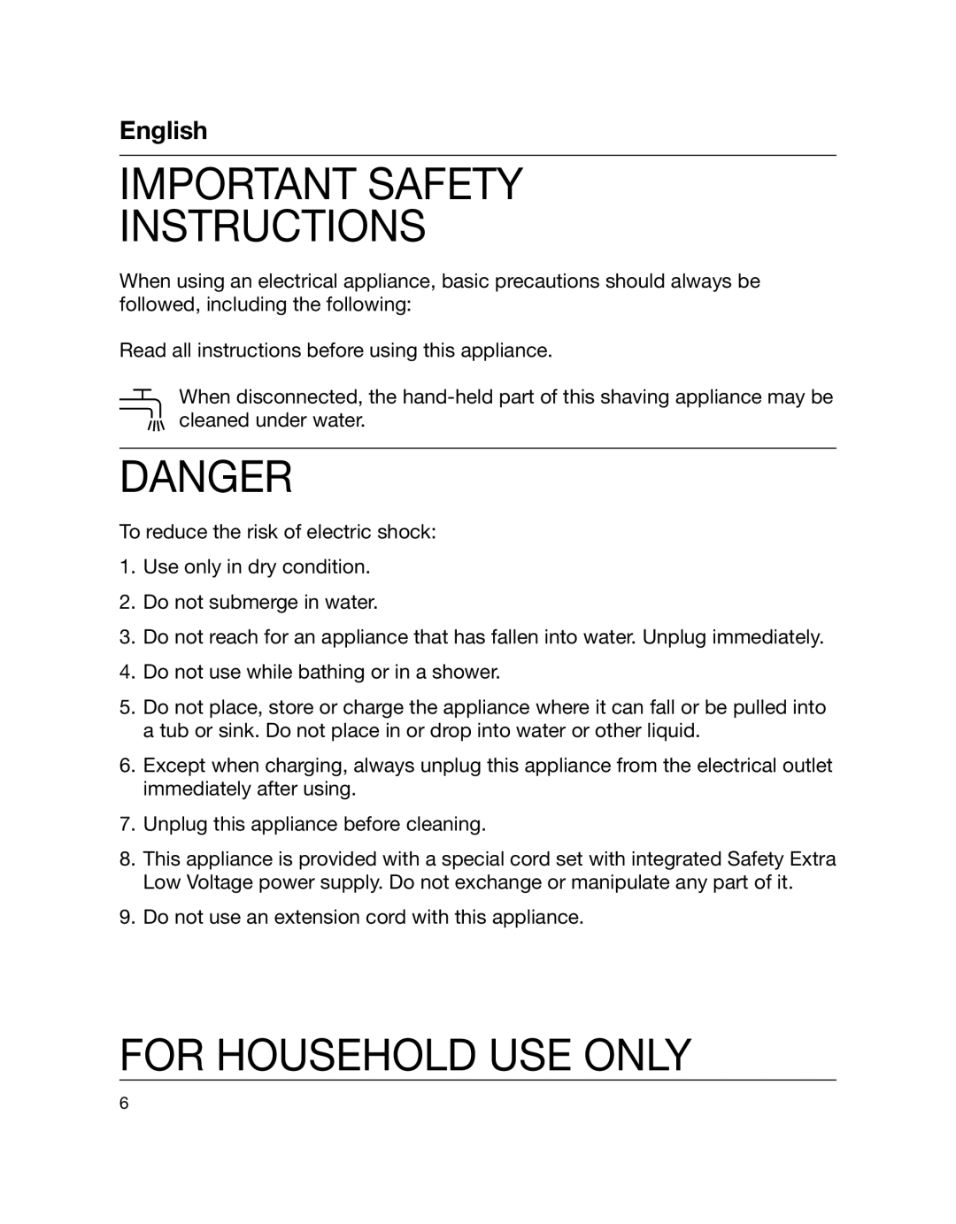 Braun 5772 manual Important Safety Instructions, For Household USE only 