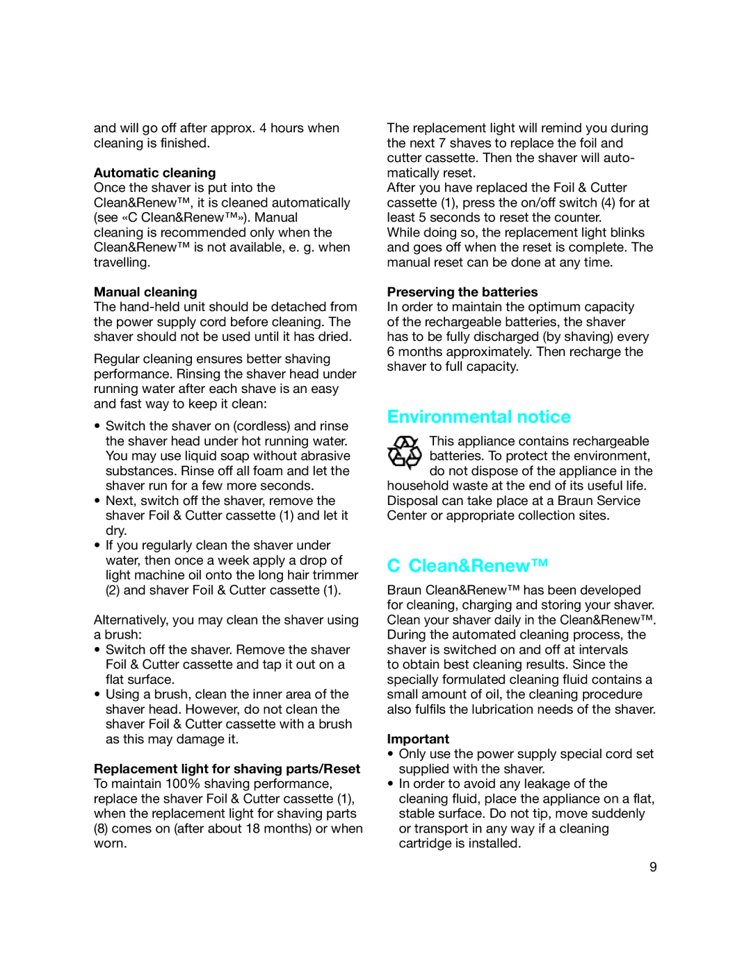 Braun 5772 manual Environmental notice, Clean&Renew, Automatic cleaning, Manual cleaning, Preserving the batteries 