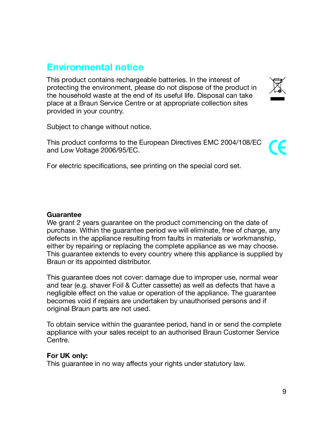 Braun 5779 manual Environmental notice, Guarantee, For UK only 