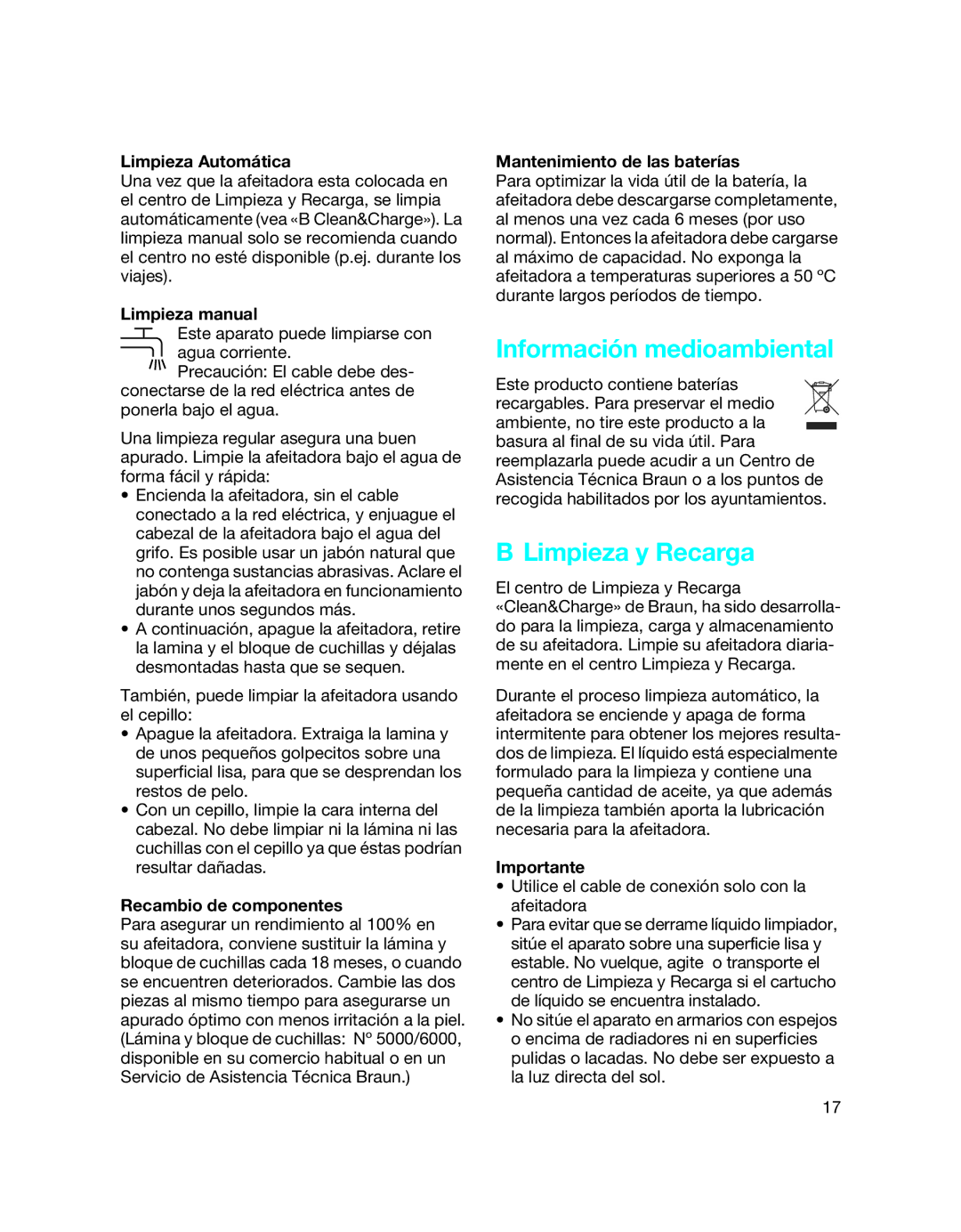 Braun 5790 manual Información medioambiental, Limpieza y Recarga 