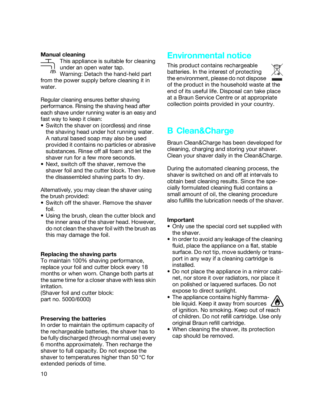 Braun 5790 manual Environmental notice, Manual cleaning, Replacing the shaving parts, Preserving the batteries 