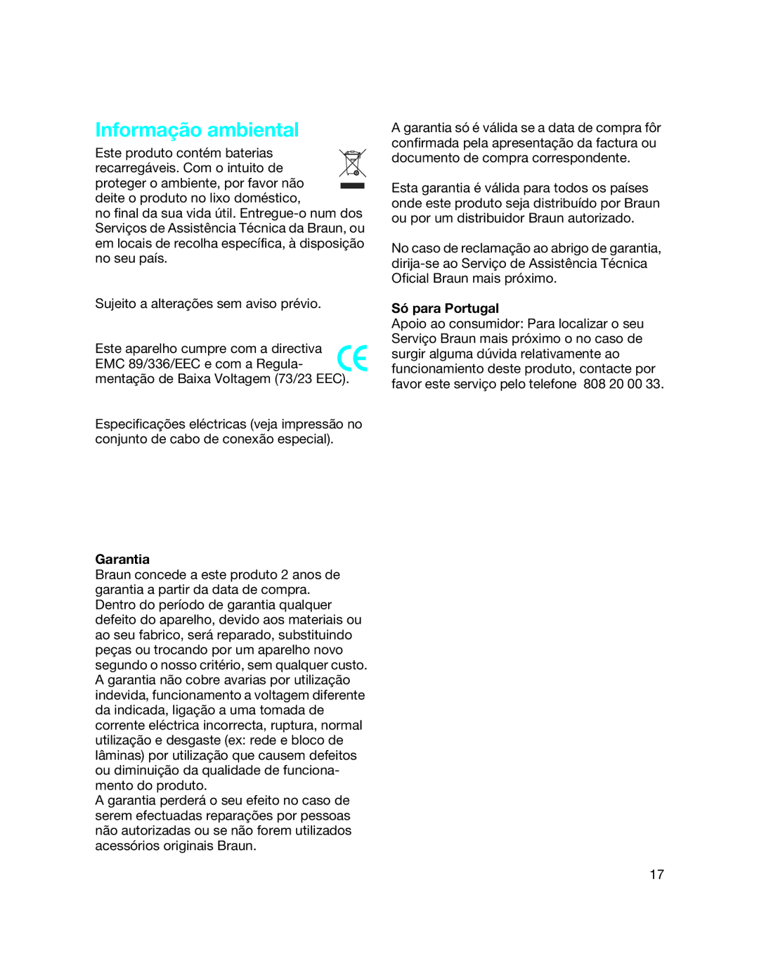 Braun 5877 manual Informação ambiental, Garantia, Só para Portugal 