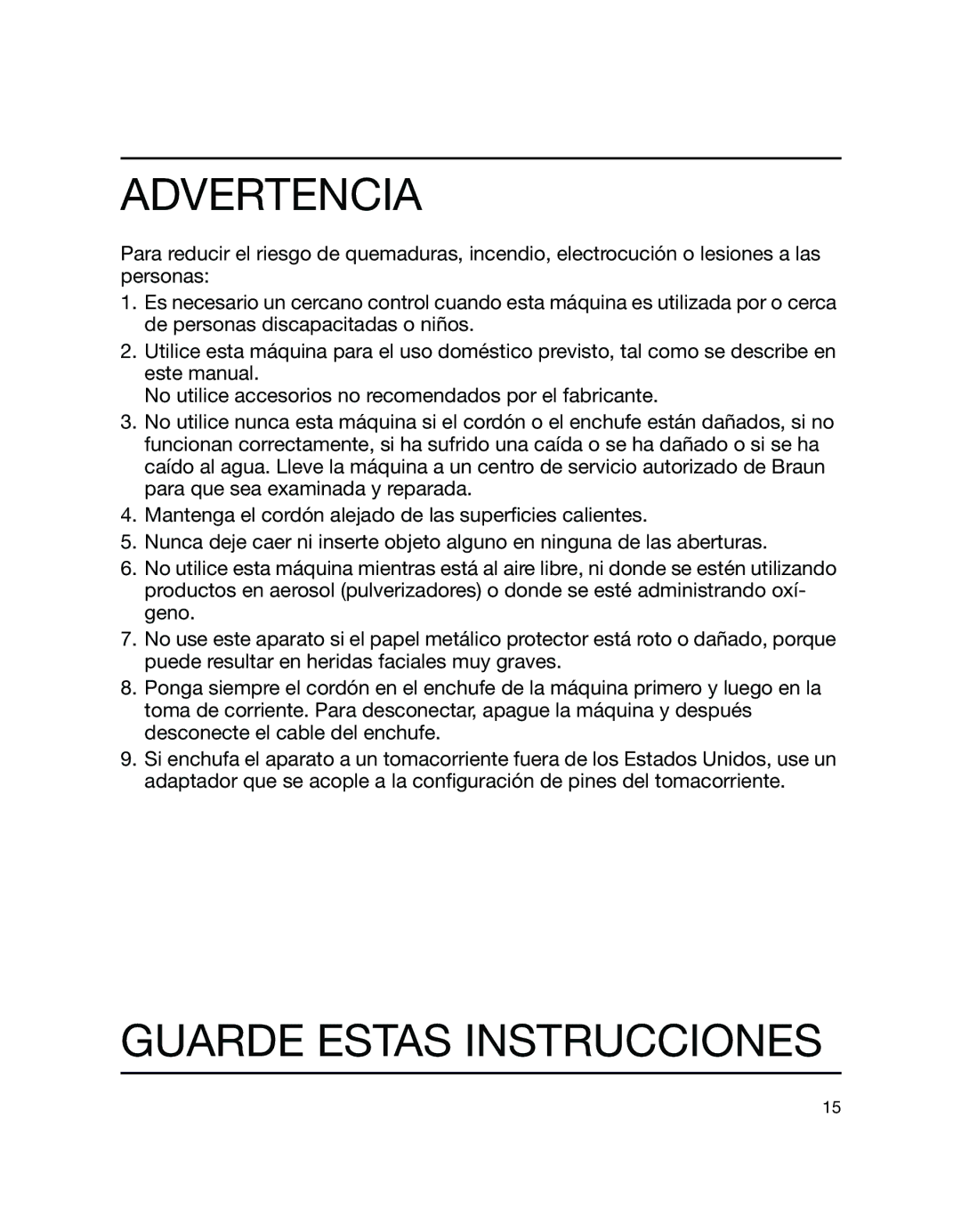 Braun 5737, 5885 manual Advertencia, Guarde Estas Instrucciones 