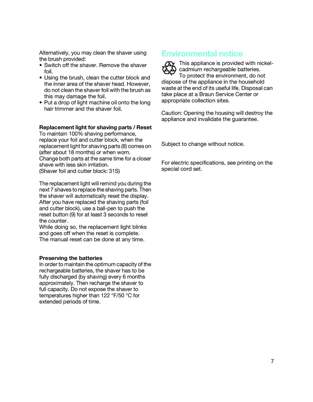 Braun 5737, 5885 manual Environmental notice, Preserving the batteries 
