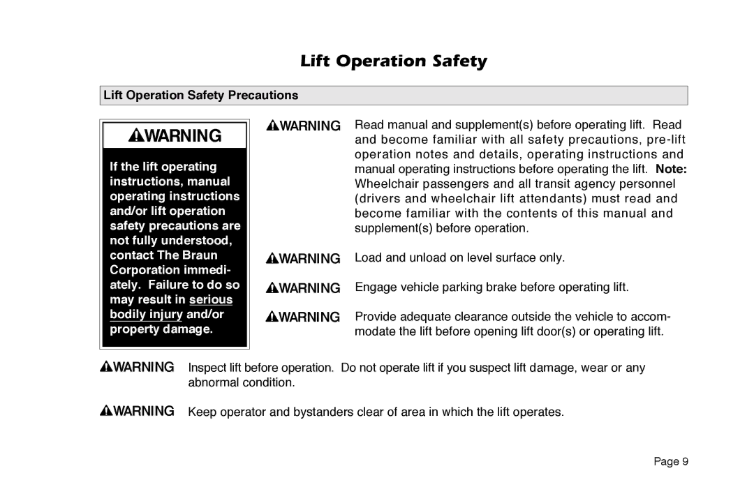 Braun 6 manual Lift Operation Safety Precautions 