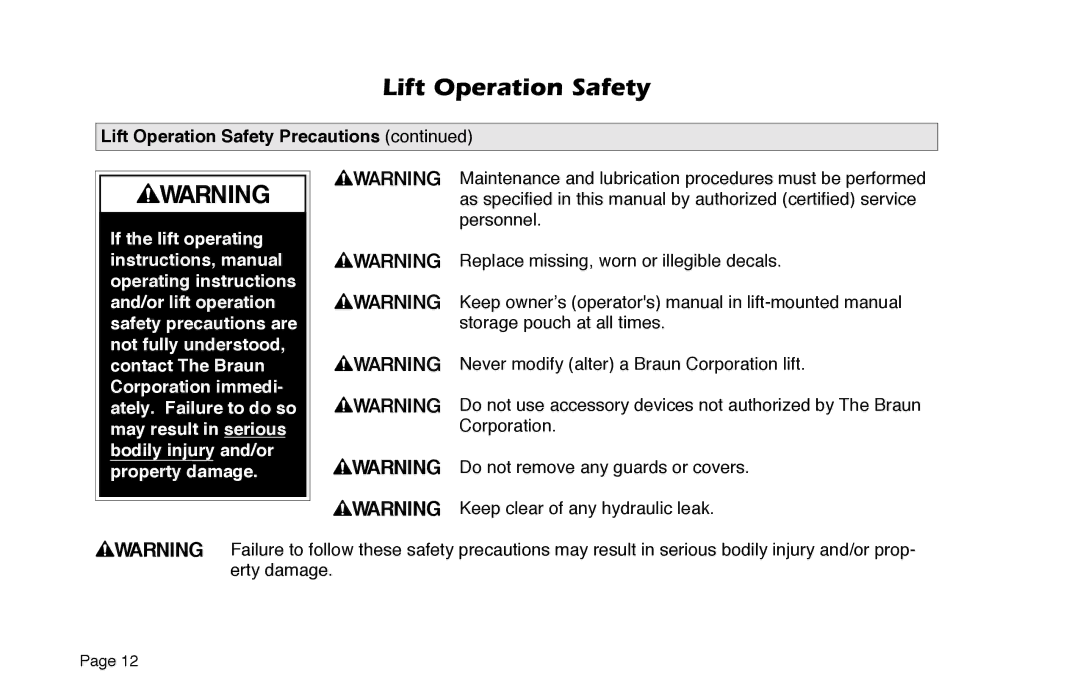 Braun 6 manual Lift Operation Safety 