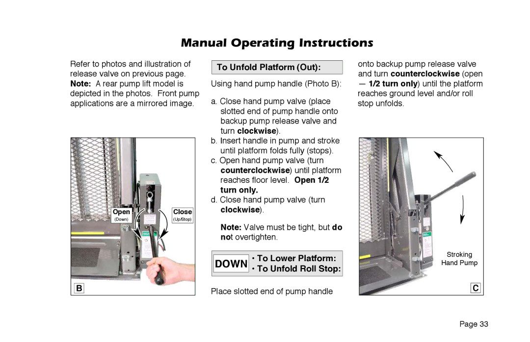 Braun 6 manual To Unfold Platform Out, To Lower Platform Down To Unfold Roll Stop 