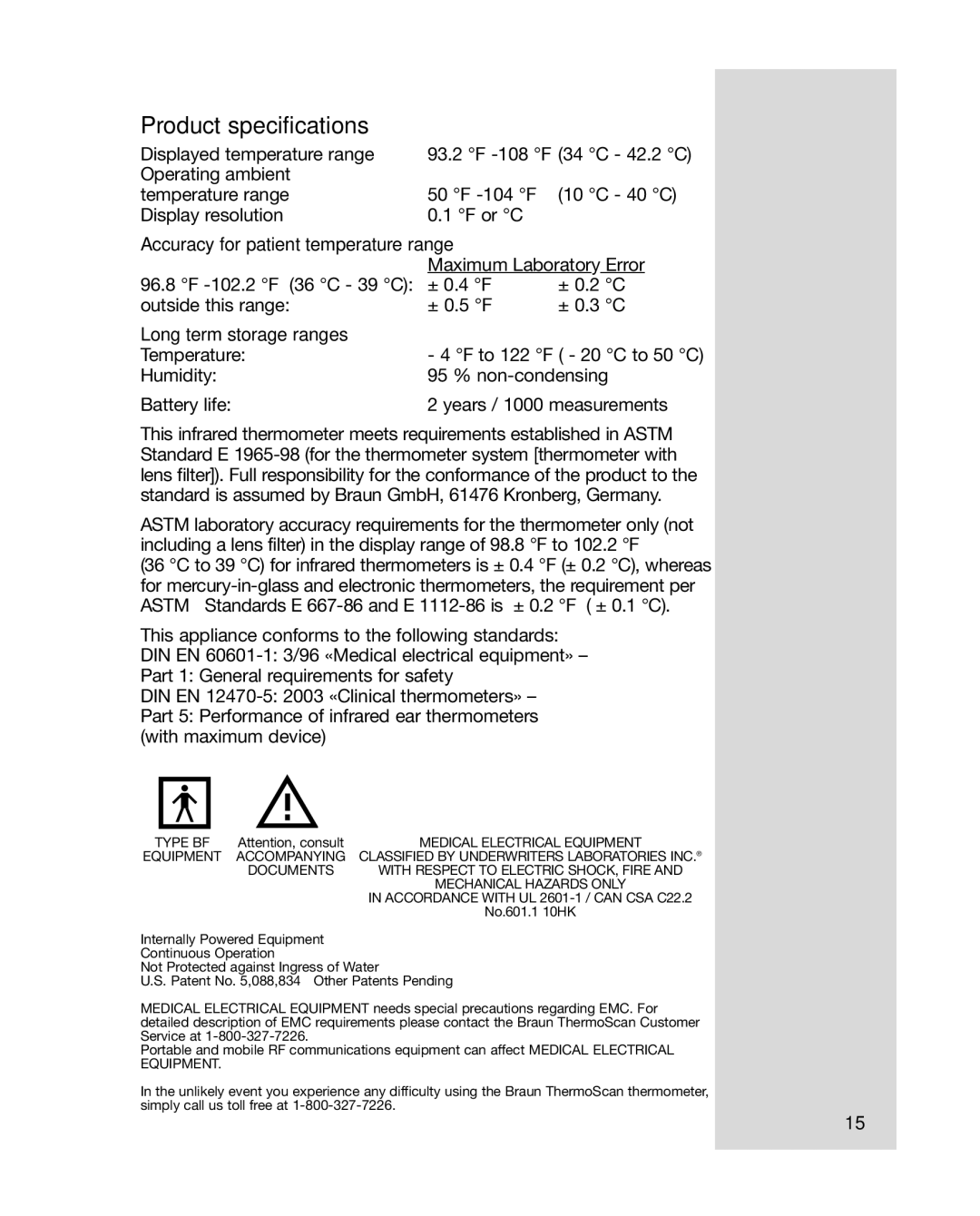 Braun 6013, 6012 manual Product specifications, Accuracy for patient temperature range, Long term storage ranges 