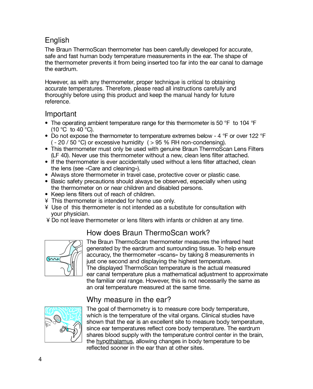 Braun 6012, 6013 manual English, How does Braun ThermoScan work?, Why measure in the ear? 