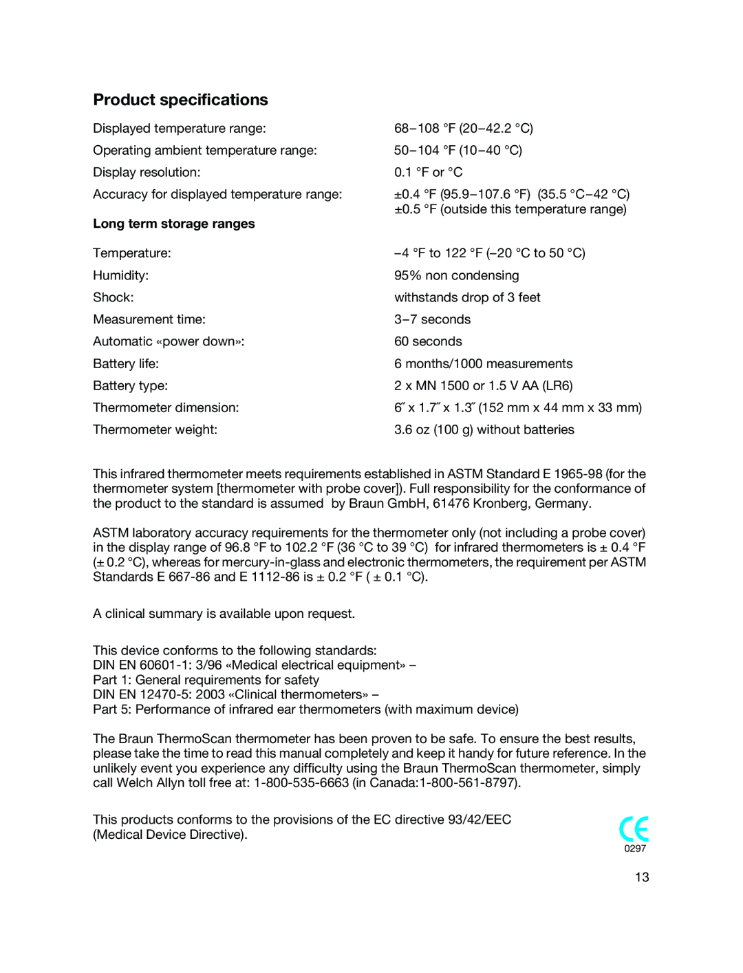 Braun 6021 manual Product specifications, Long term storage ranges 