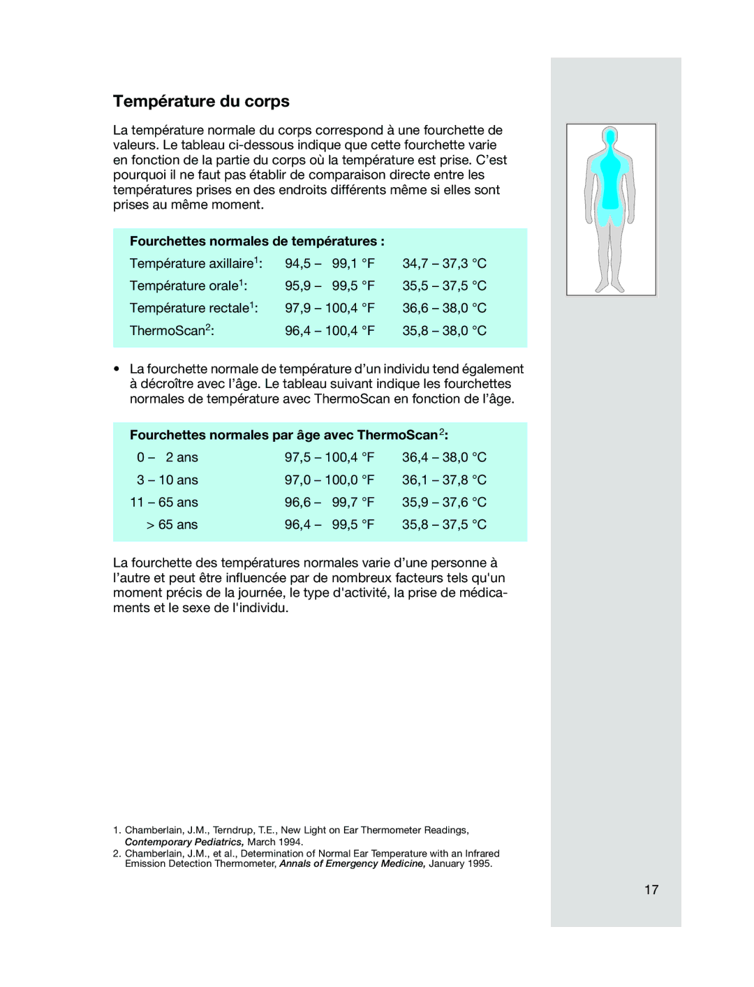 Braun 6021 manual Température du corps, Fourchettes normales de températures, Fourchettes normales par âge avec ThermoScan 