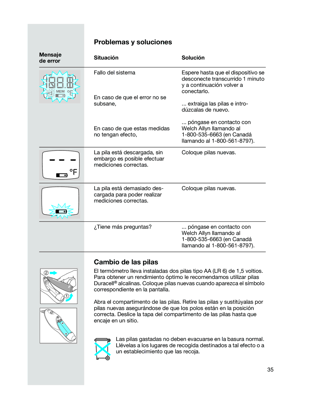 Braun 6021 manual Cambio de las pilas, Mensaje Situación Solución De error 