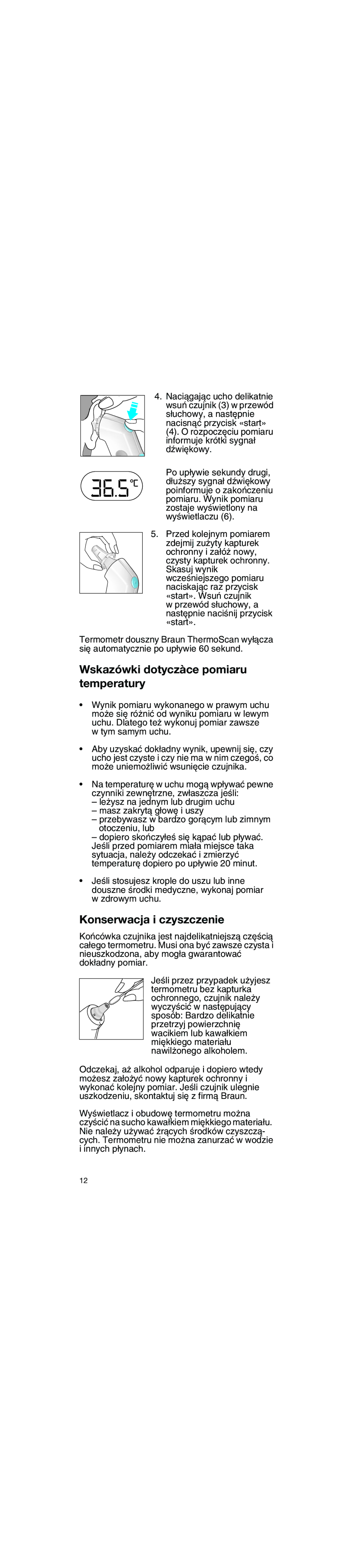 Braun 6026 manual Wskazówki dotyczàce pomiaru temperatury, Konserwacja i czyszczenie 