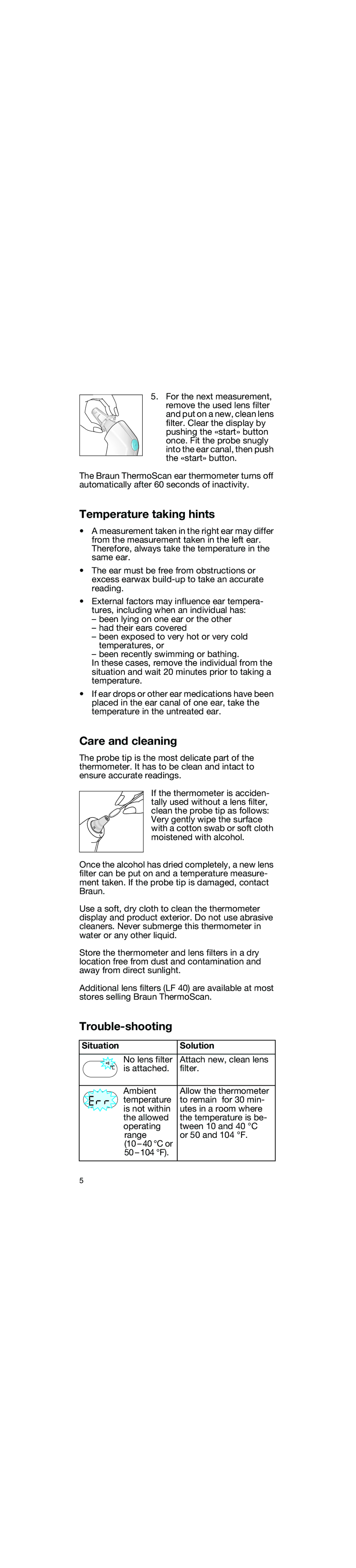 Braun 6026 manual Temperature taking hints, Care and cleaning, Trouble-shooting, Situation Solution 