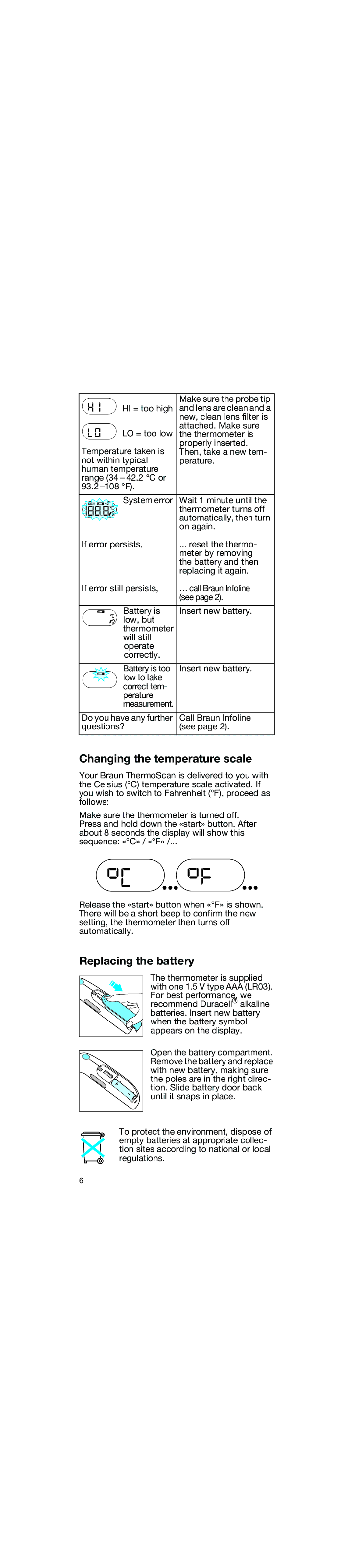 Braun 6026 manual Changing the temperature scale, Replacing the battery 