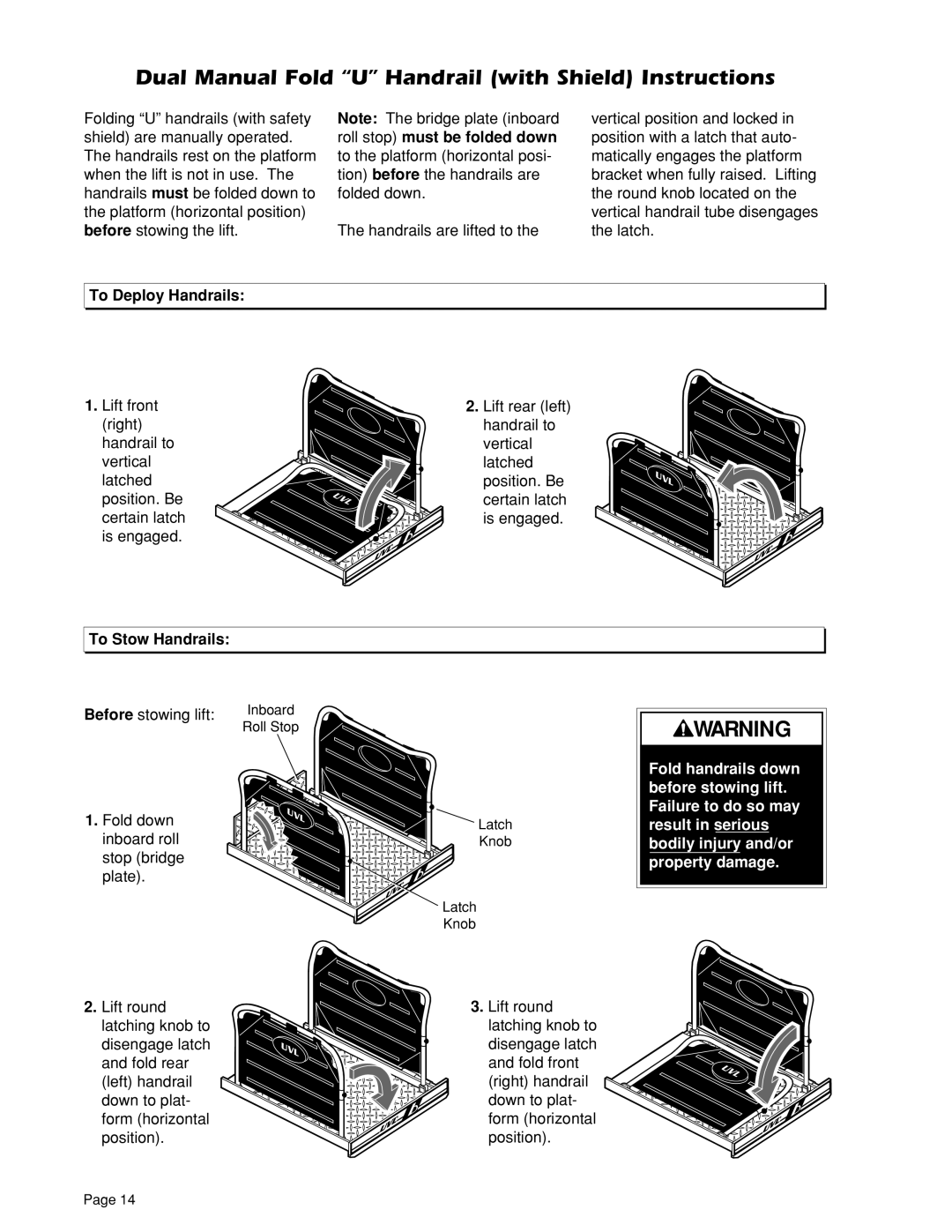 Braun 604XA, 604XD, 604XC, 855R Dual Manual Fold U Handrail with Shield Instructions, To Deploy Handrails, To Stow Handrails 