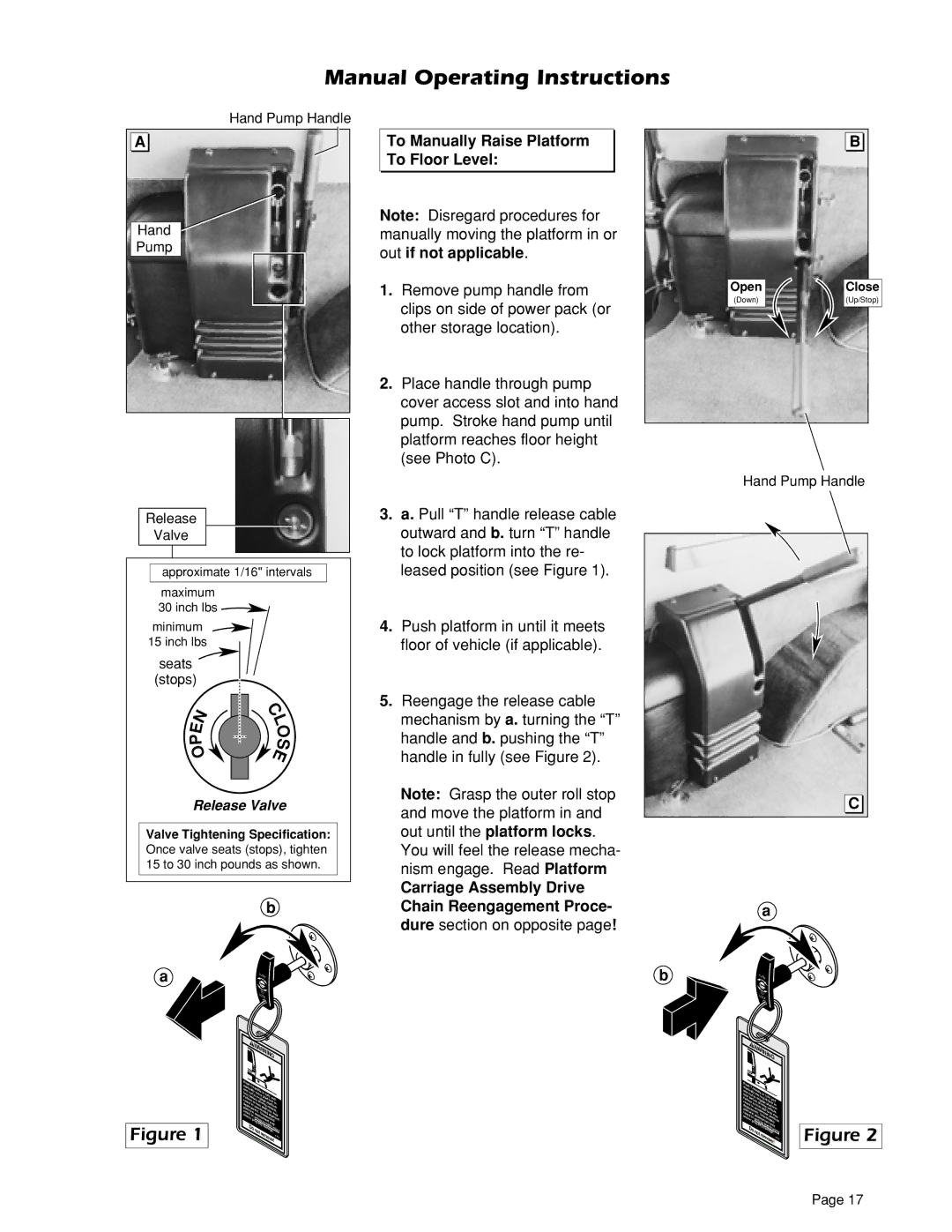 Braun 604XC, 604XD, 604XB, 855RH, 603E, 603A, 604XA, 603B owner manual To Manually Raise Platform To Floor Level, Release Valve 