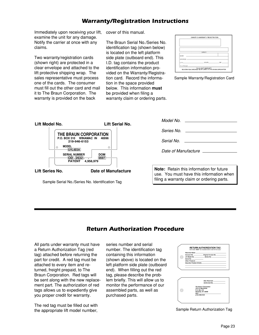 Braun 604XA, 604XD, 604XC Warranty/Registration Instructions, Return Authorization Procedure, Lift Model No.Lift Serial No 