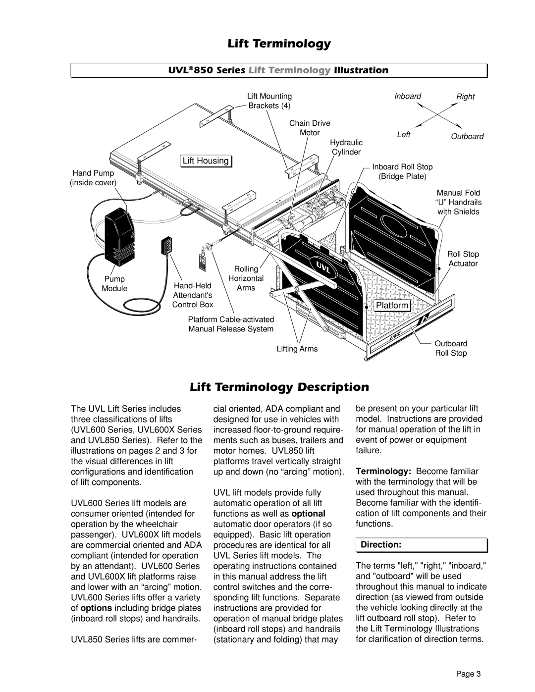 Braun 603E, 604XD, 604XC, 604XB, 855RH, 603A, 604XA, 603B owner manual Lift Terminology Description, Direction 