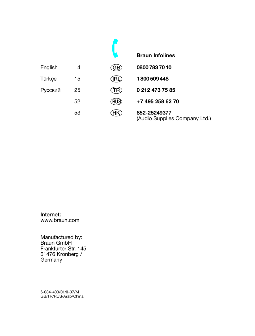 Braun 6084, 6085 manual Braun Infolines 