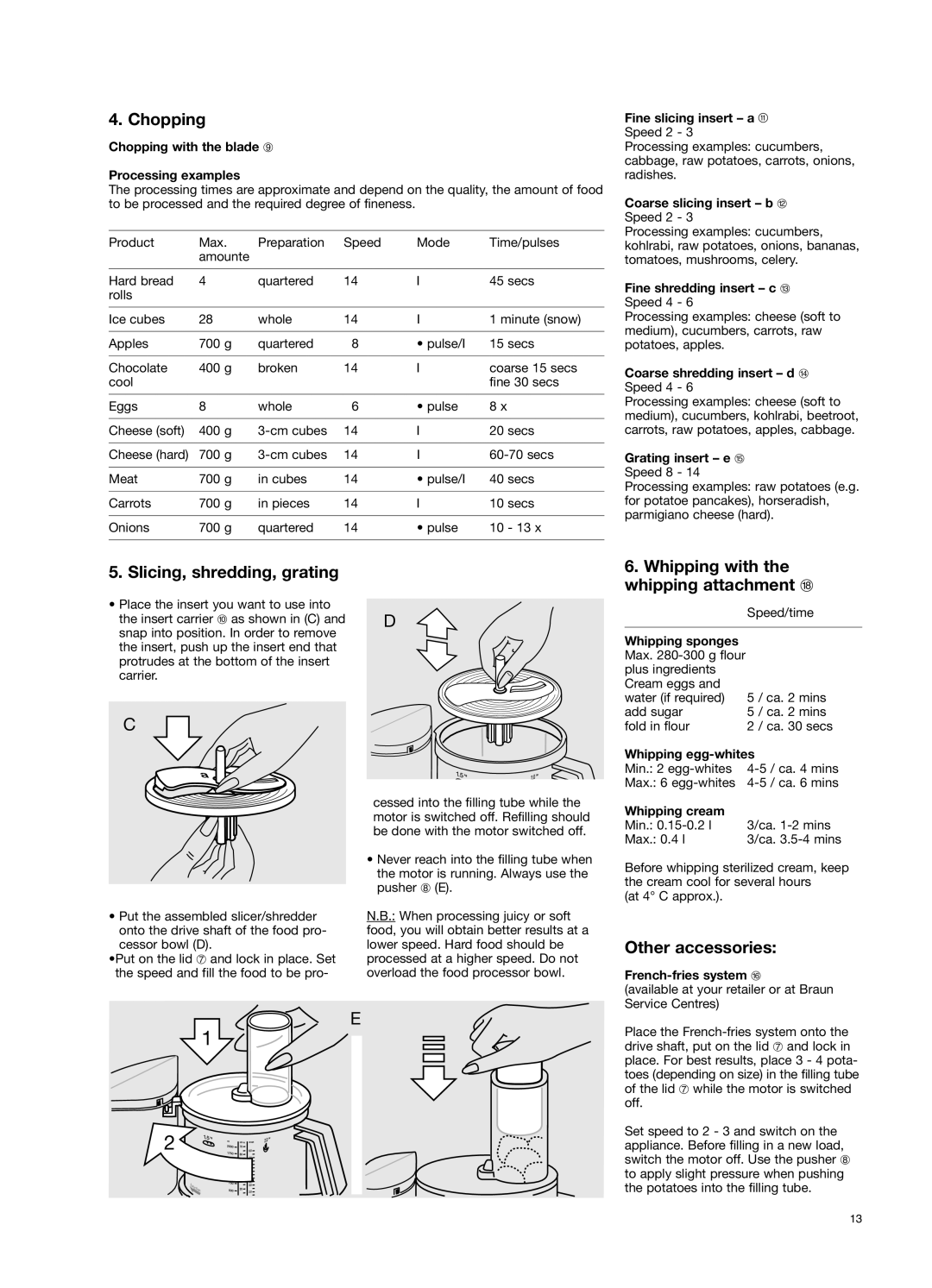 Braun 650 manual Chopping, Slicing, shredding, grating, Whipping with the whipping attachment r, Other accessories 