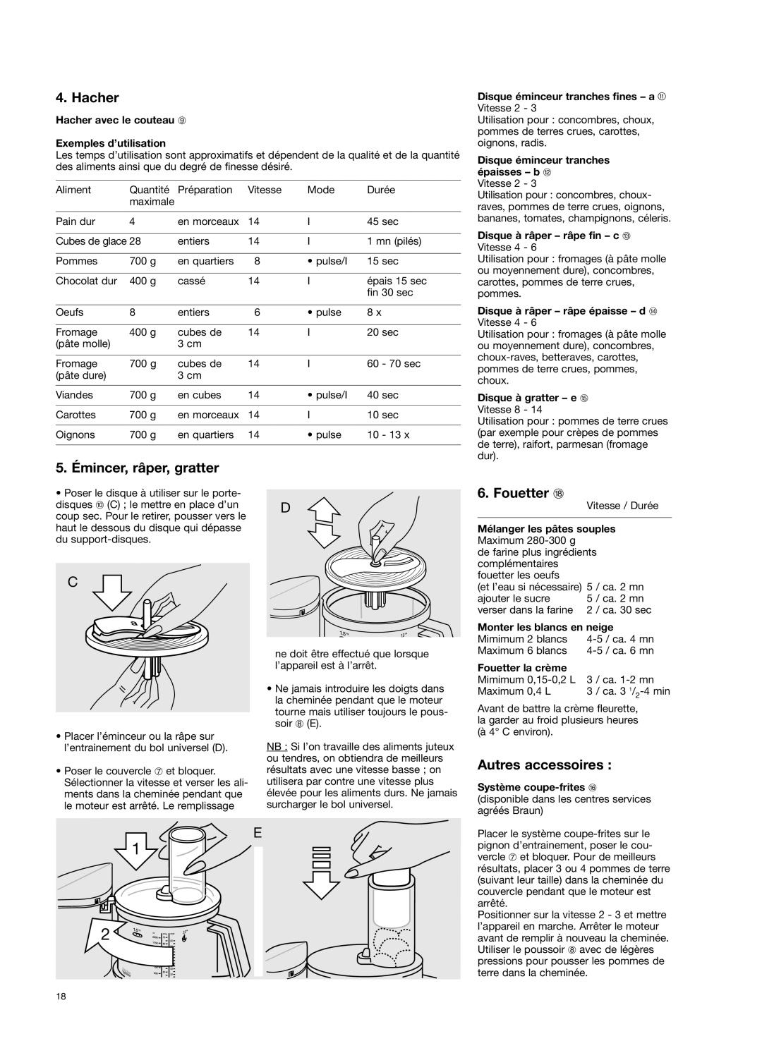 Braun 650 manual Hacher, Émincer, râper, gratter, Fouetter r, Autres accessoires 