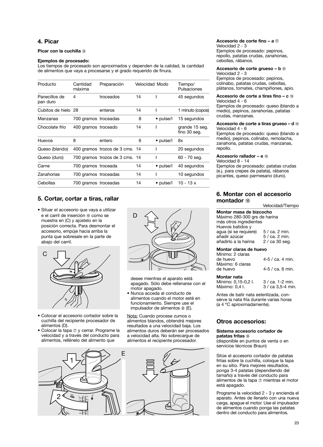 Braun 650 manual Picar, Cortar, cortar a tiras, rallar, Montar con el accesorio montador r, Otros accesorios 