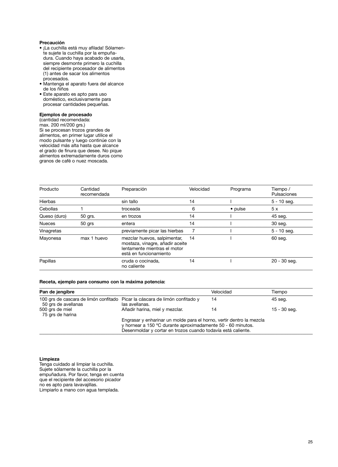 Braun 650 manual Precaución, Ejemplos de procesado cantidad recomendada max ml/200 grs, Limpieza 