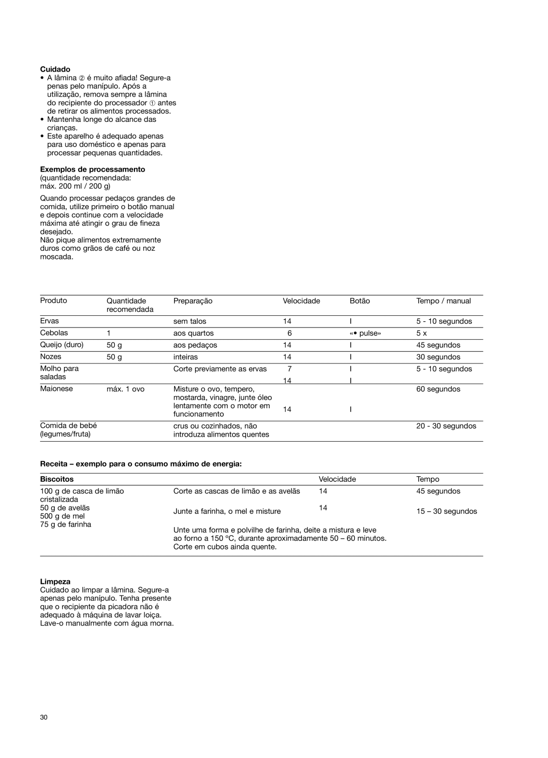 Braun 650 manual Cuidado, Receita exemplo para o consumo máximo de energia Biscoitos, Limpeza 