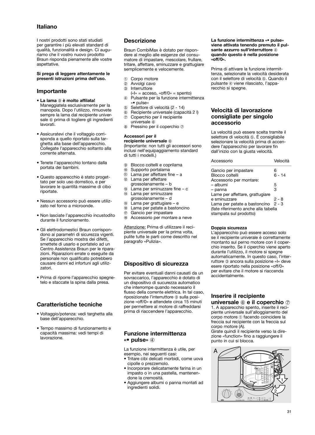 Braun 650 manual Italiano, Caratteristiche tecniche, Descrizione, Dispositivo di sicurezza, Funzione intermittenza « pulse» 