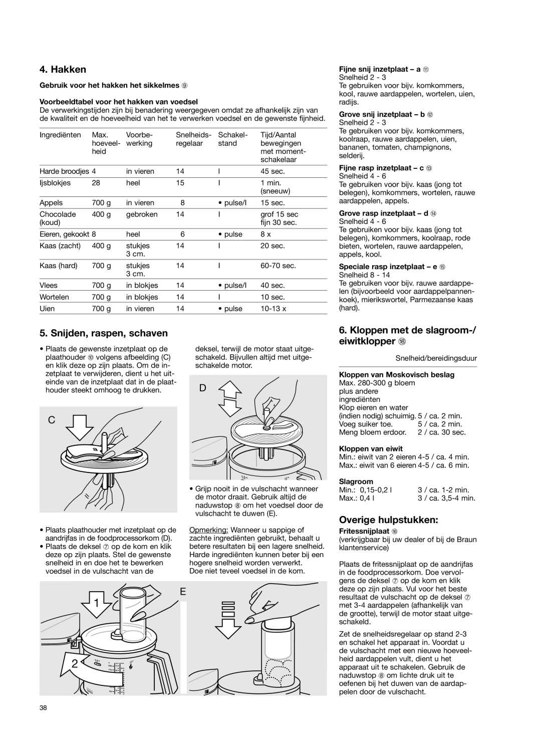 Braun 650 manual Hakken, Snijden, raspen, schaven, Kloppen met de slagroom-/ eiwitklopper r, Overige hulpstukken 