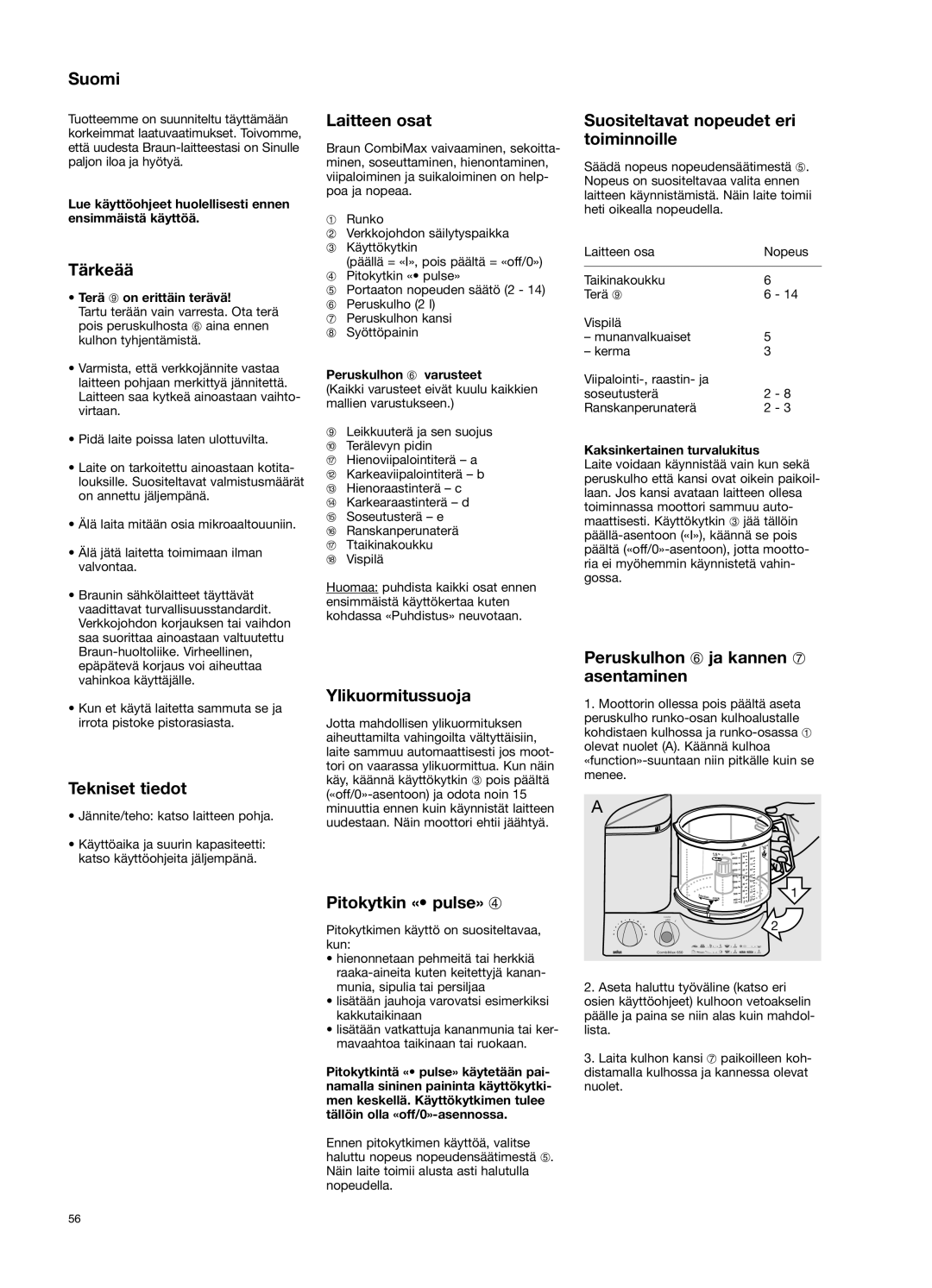 Braun 650 manual Suomi, Tärkeää, Tekniset tiedot, Laitteen osat, Ylikuormitussuoja, Suositeltavat nopeudet eri toiminnoille 