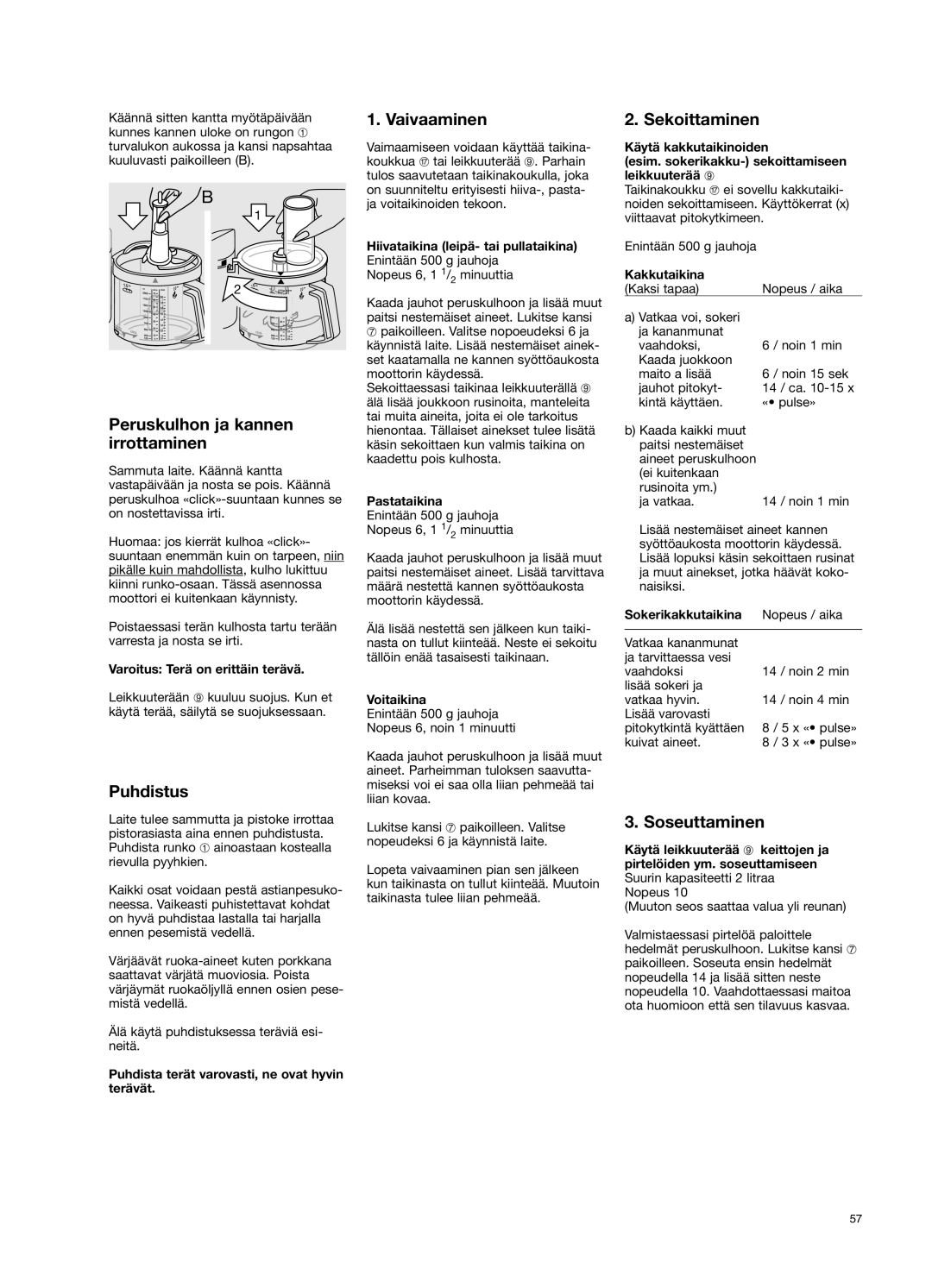 Braun 650 manual Peruskulhon ja kannen irrottaminen, Puhdistus, Vaivaaminen, Sekoittaminen, Soseuttaminen 