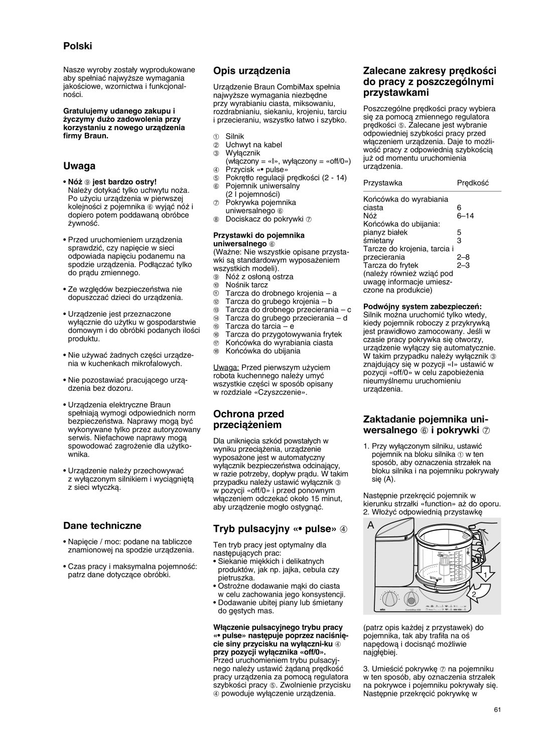 Braun 650 manual Polski, Dane techniczne, Zaktadanie pojemnika uni- wersalnego 6 i pokrywki 