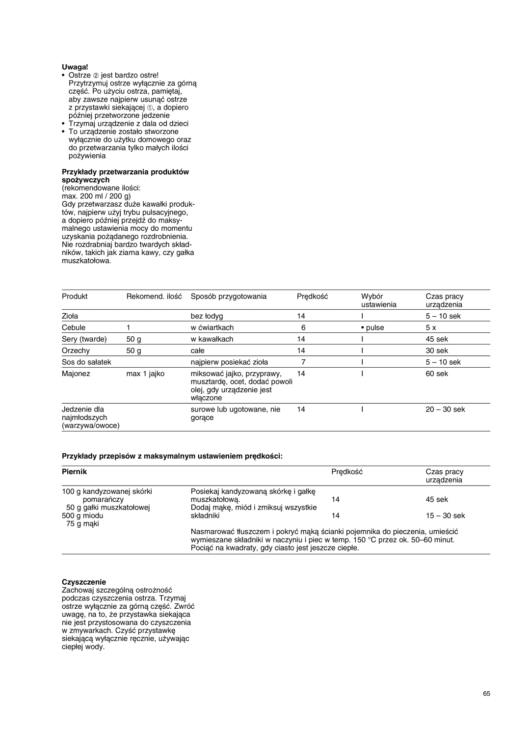 Braun 650 manual Uwaga, Przyk∏ady przetwarzania produktów spo˝ywczych, Czyszczenie 