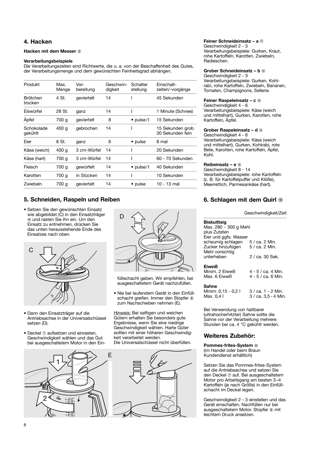 Braun 650 manual Hacken, Schneiden, Raspeln und Reiben, Schlagen mit dem Quirl r, Weiteres Zubehör 