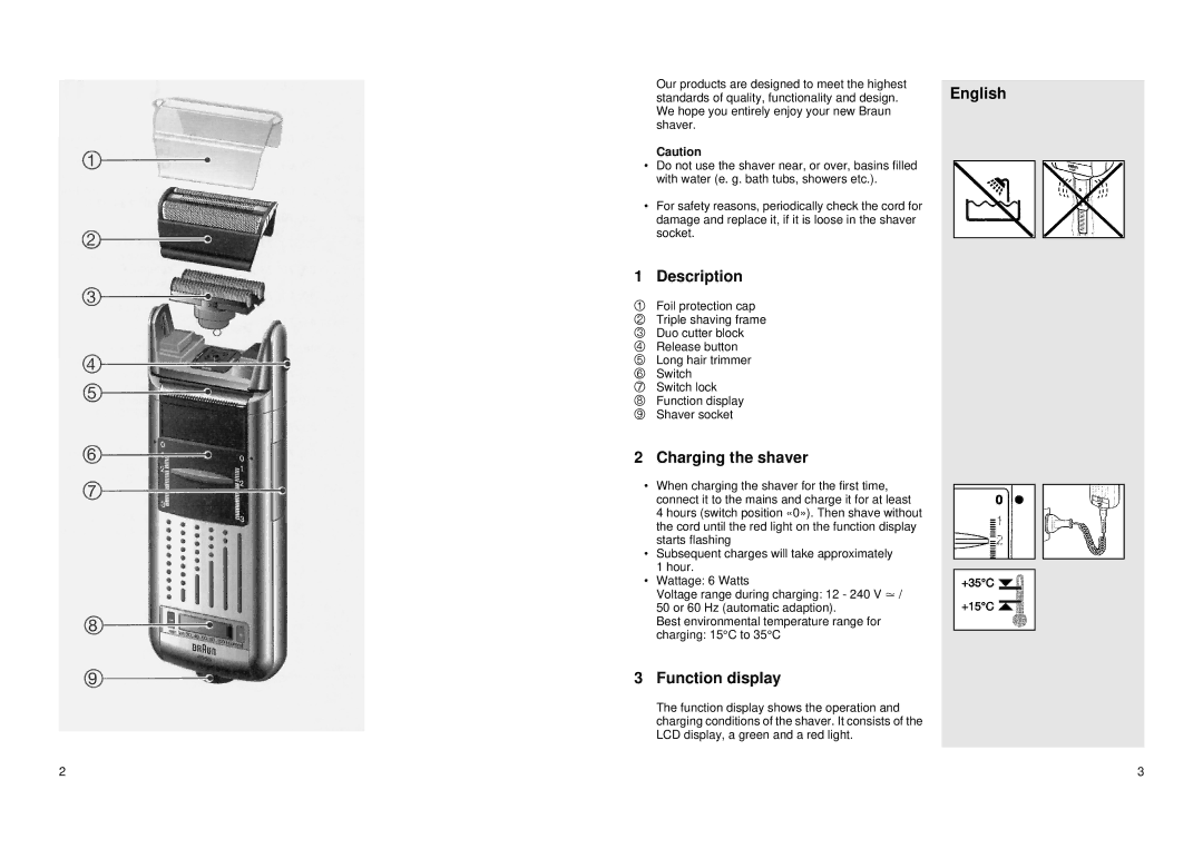 Braun 6550 manual Description, Charging the shaver, Function display 