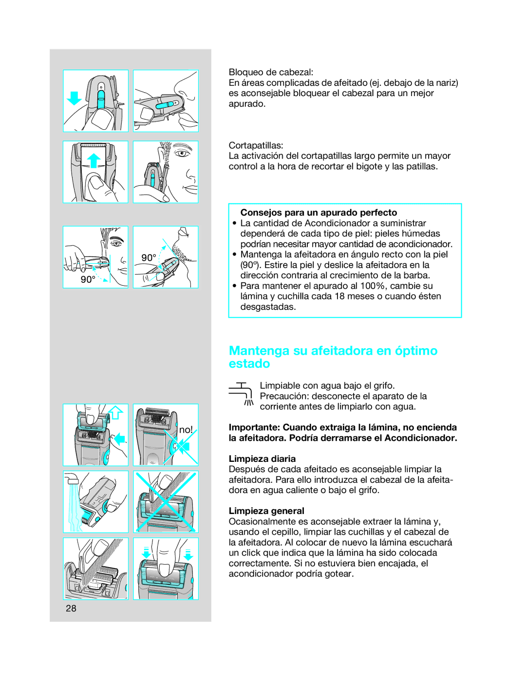Braun 6640 Mantenga su afeitadora en óptimo estado, Consejos para un apurado perfecto, Limpieza diaria, Limpieza general 
