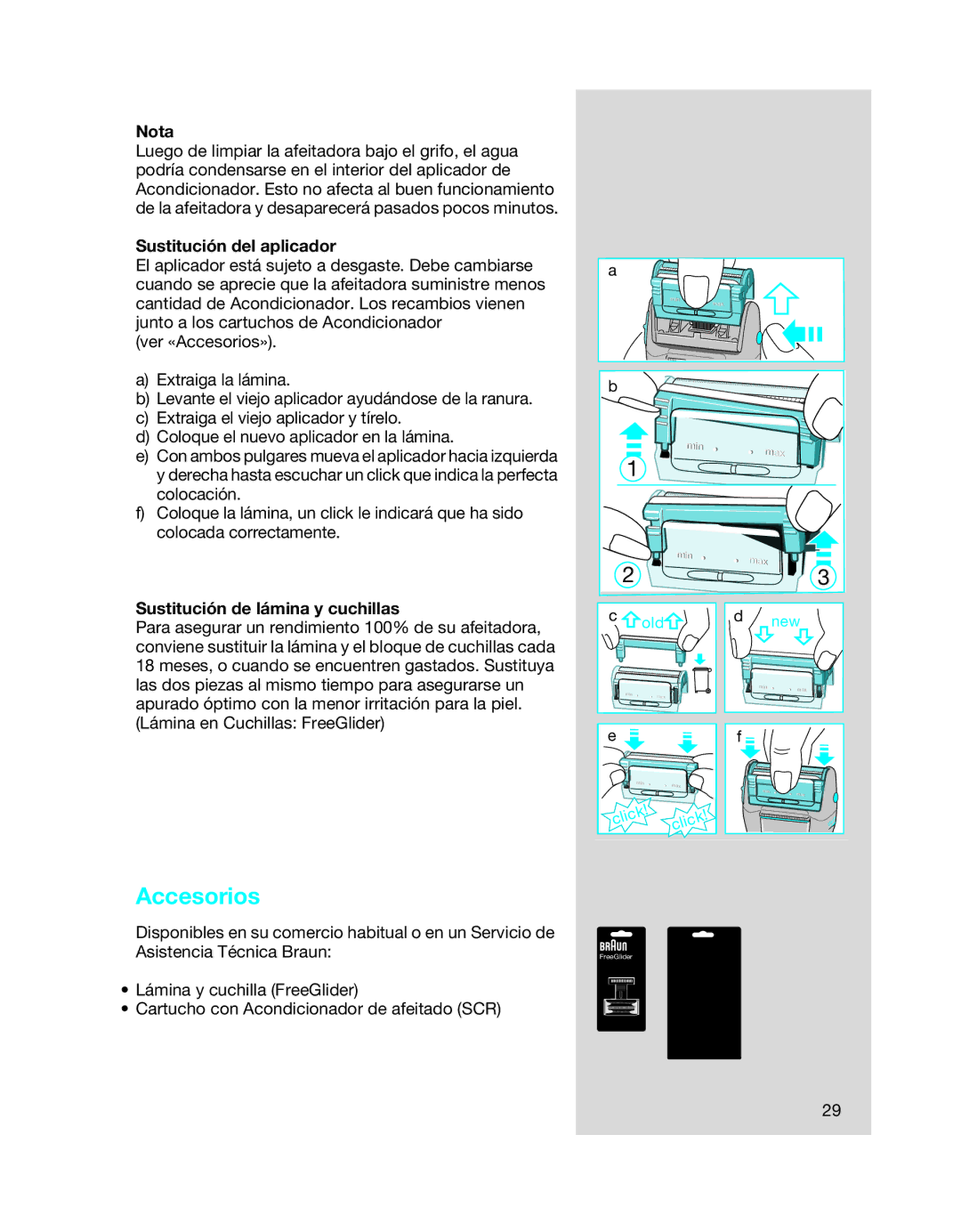 Braun 6620, 6680, 6640 manual Accesorios, Nota, Sustitución del aplicador, Sustitución de lámina y cuchillas 