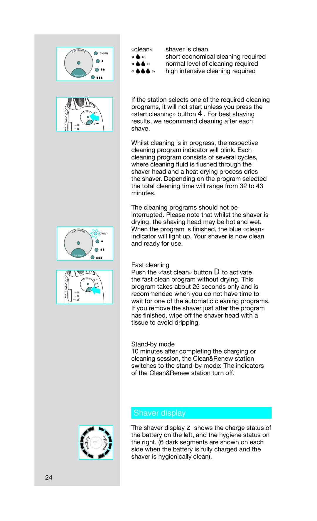 Braun 7 manual Shaver display, Fast cleaning, Stand-by mode 