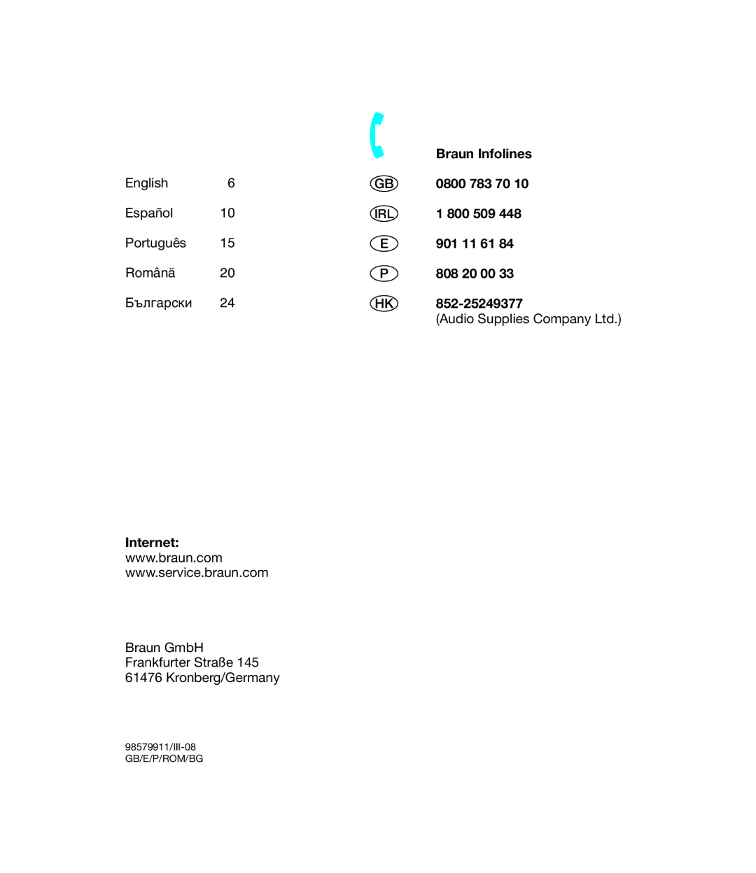 Braun 7185 manual Braun Infolines, 0800 783 70, 800 509, 901 11 61, 808 20 00, 852-25249377, Internet 