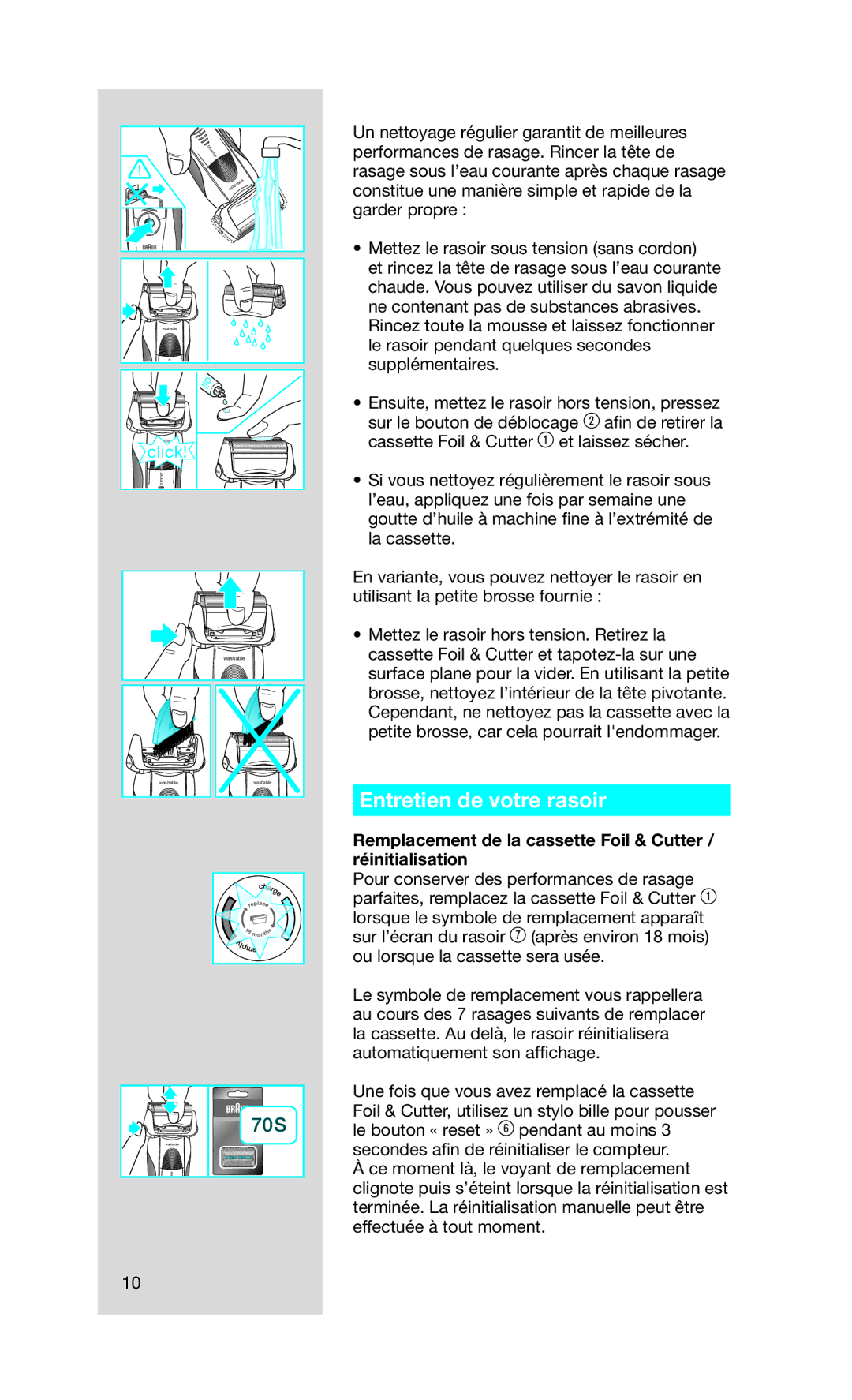 Braun 720, 750 manual Entretien de votre rasoir, Remplacement de la cassette Foil & Cutter / réinitialisation 