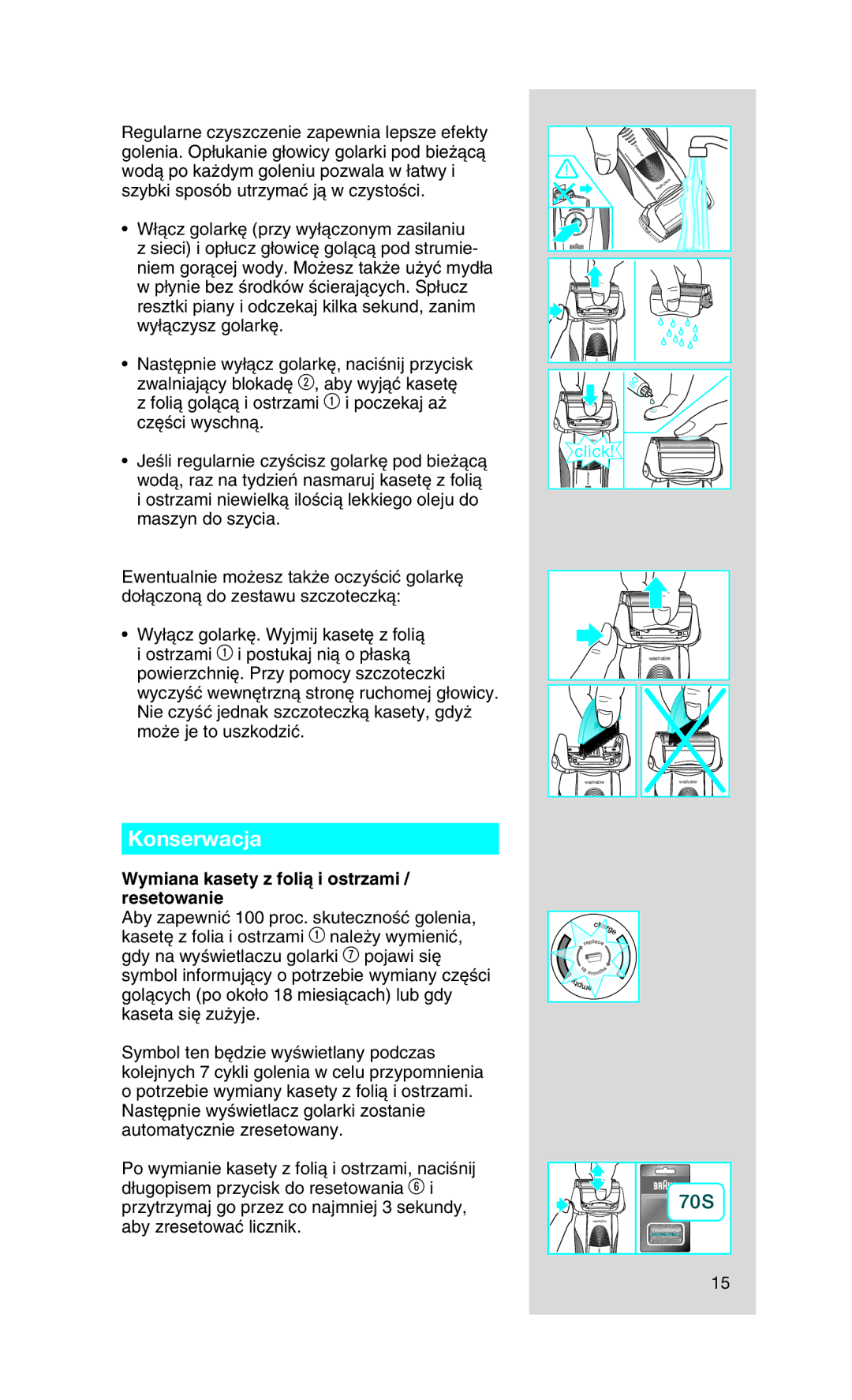 Braun 750, 720 manual Konserwacja, Wymiana kasety z folià i ostrzami / resetowanie 