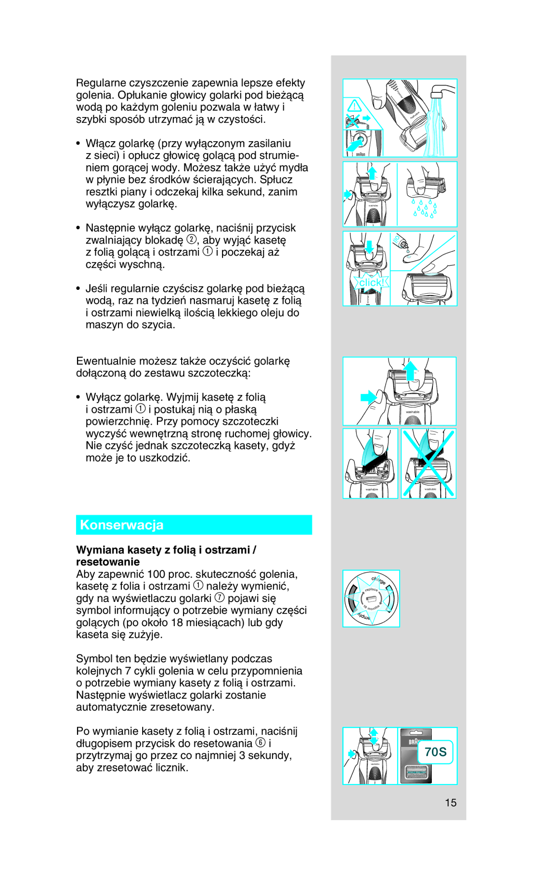 Braun 730 manual Konserwacja, Wymiana kasety z folià i ostrzami / resetowanie 