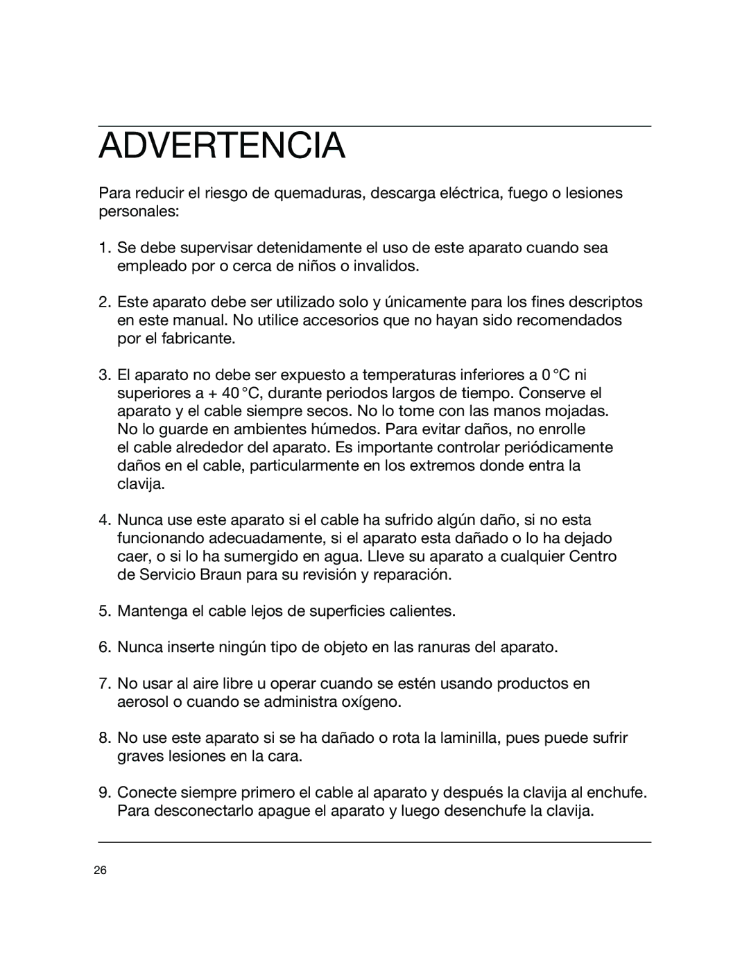 Braun 7526 manual Advertencia 