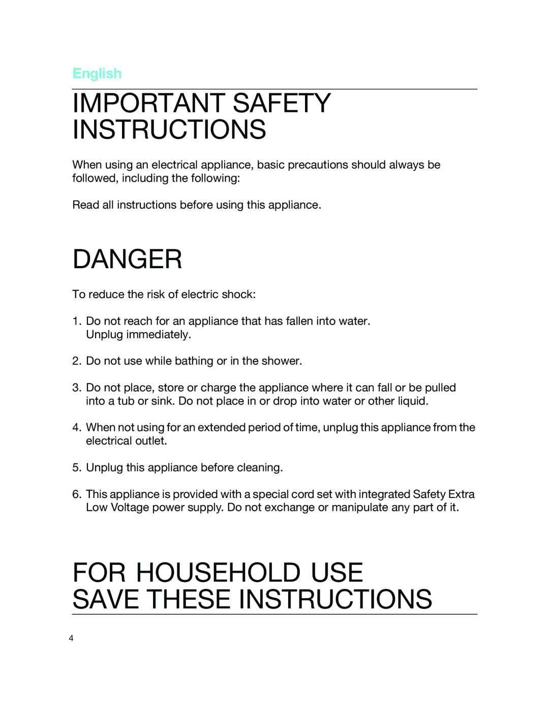 Braun 7526 manual Important Safety Instructions, For Household USE Save These Instructions 